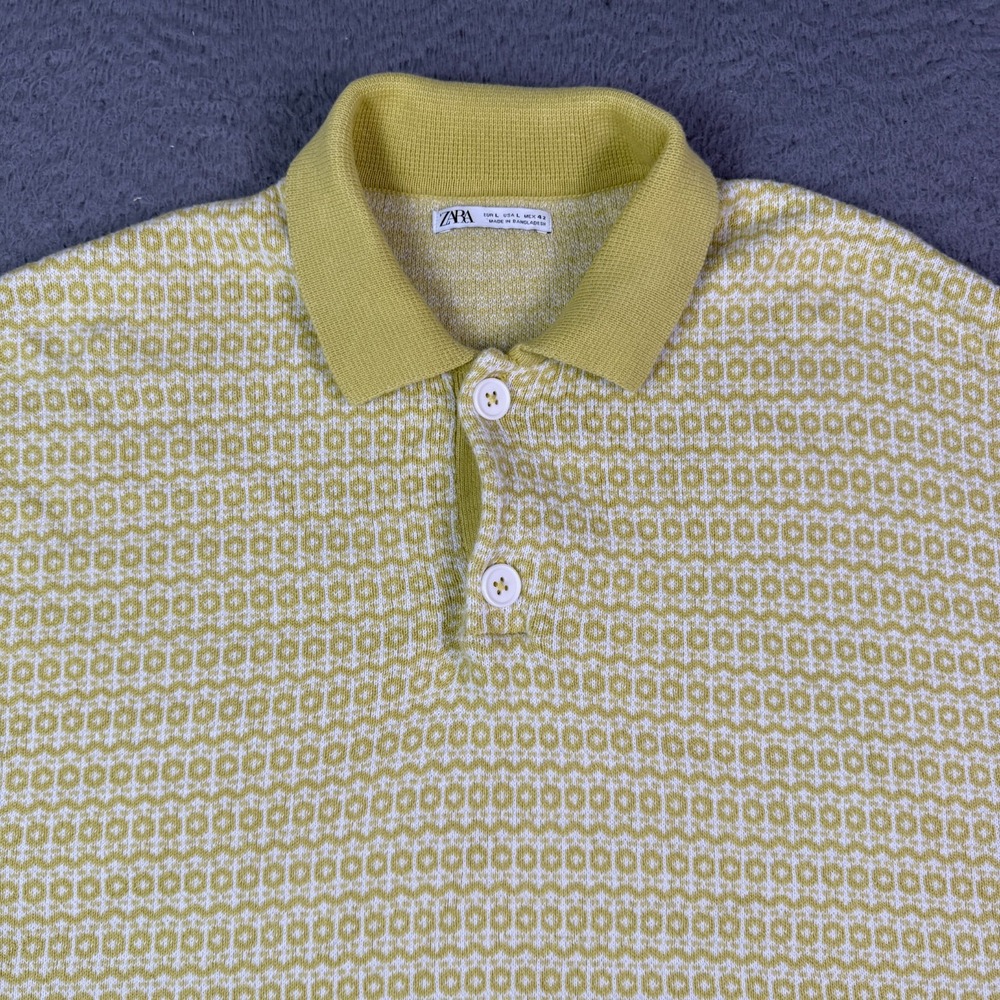 Zara Sweater Polo Shirt Mens L Yellow Floral Knit Short Sleeve Boxy Cropped